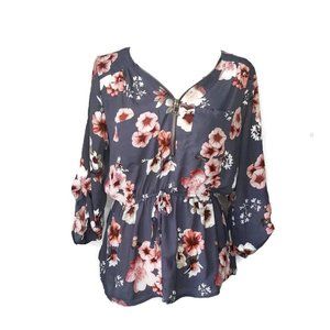 J FOR JUSTIFY Gray Floral Blouse Gold Metallic Zipper Front with Pockets Large